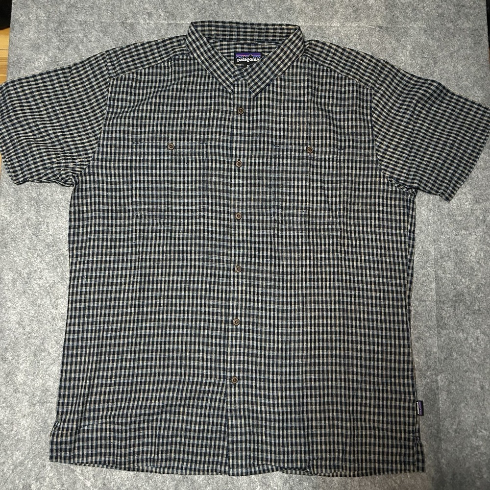 Patagonia Men's Xl Backstep Weave Black Checkered Short Sleeve Shirt Button Up